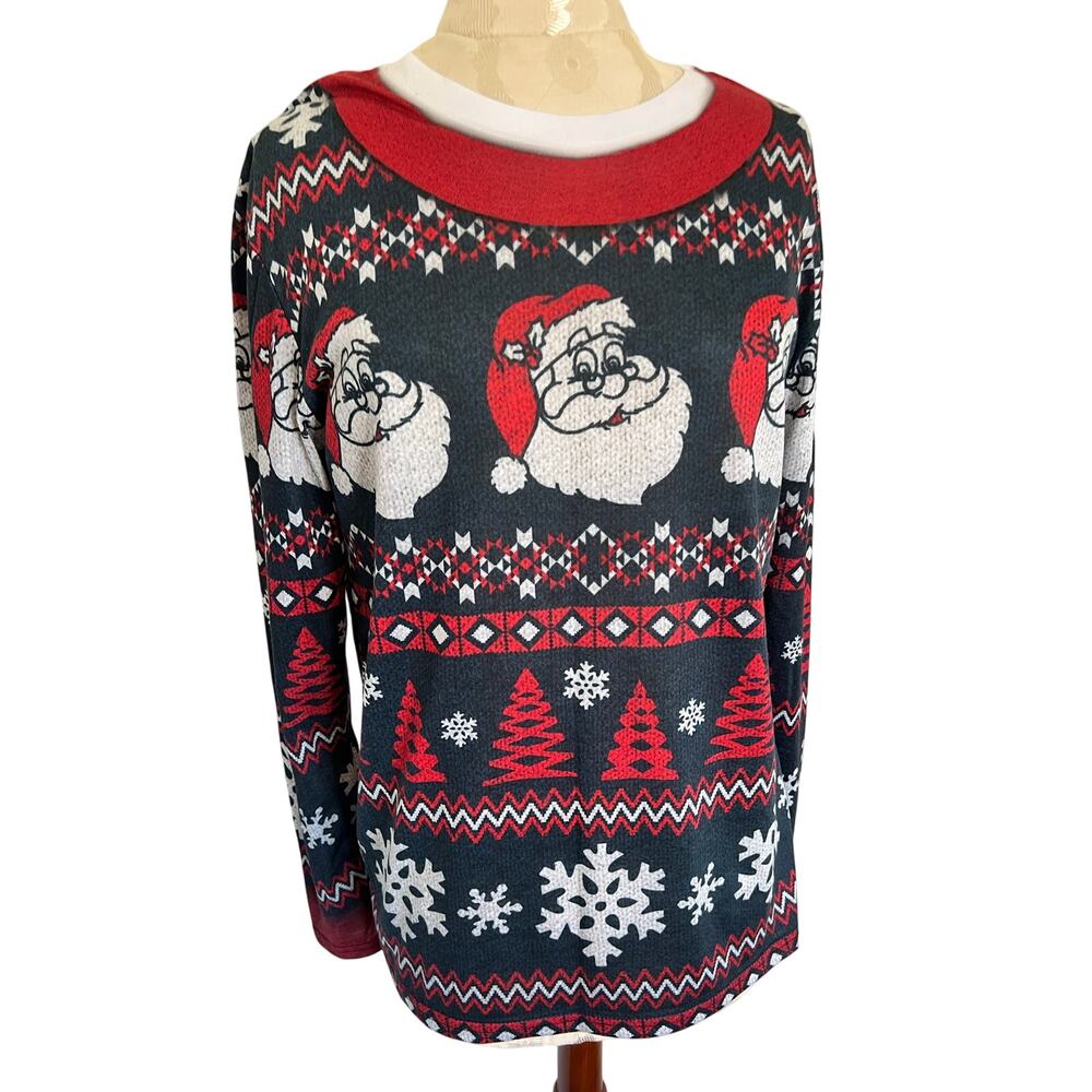 Faux Real Photorealistic Apparel Long Sleeve Santa Christmas Top Small
